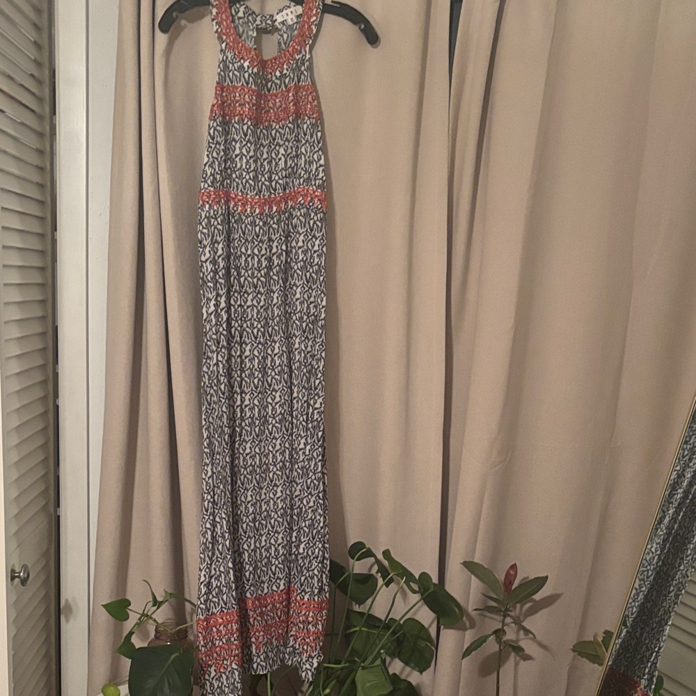Title: THML Tribal Print Halter Maxi Dress with Orange Crochet Detail
